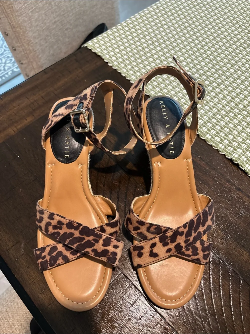 Kelly & Katie Leopard Print Ankle Strap Wedges - Tan/Brown
